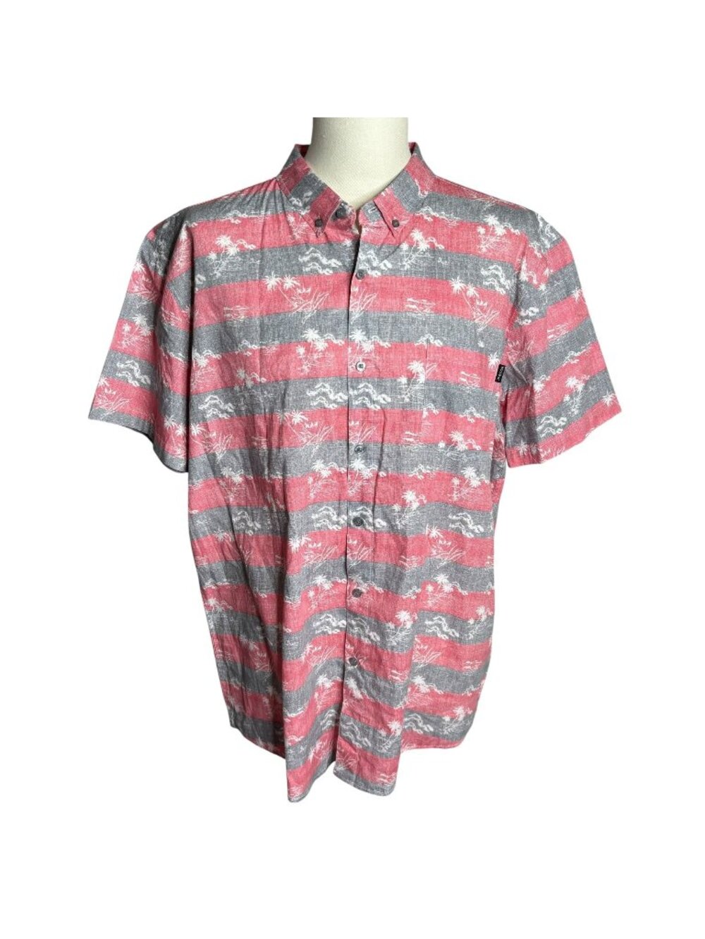 Molokai Surf Button Down Hawaiian Shirt XXL Red Grey Camp Stripes Pocket